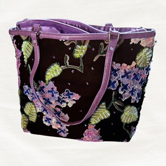 Christiana Beaded Floral Tote | Black Bag with Purple Satin Interior - Picture 2 of 5
